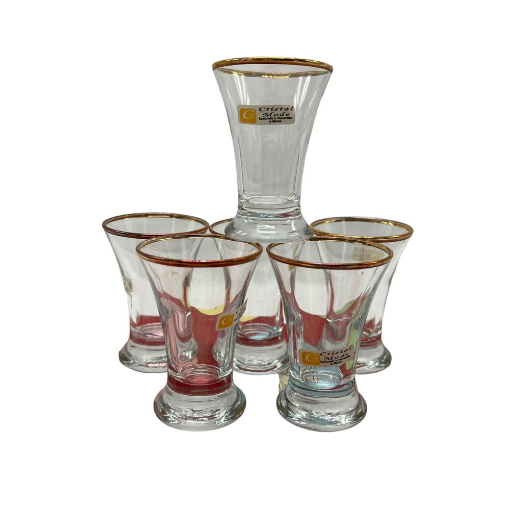 Vintage MCM Cristal Mode 1950's Gold Rimmed Shot Glasses in Original Box